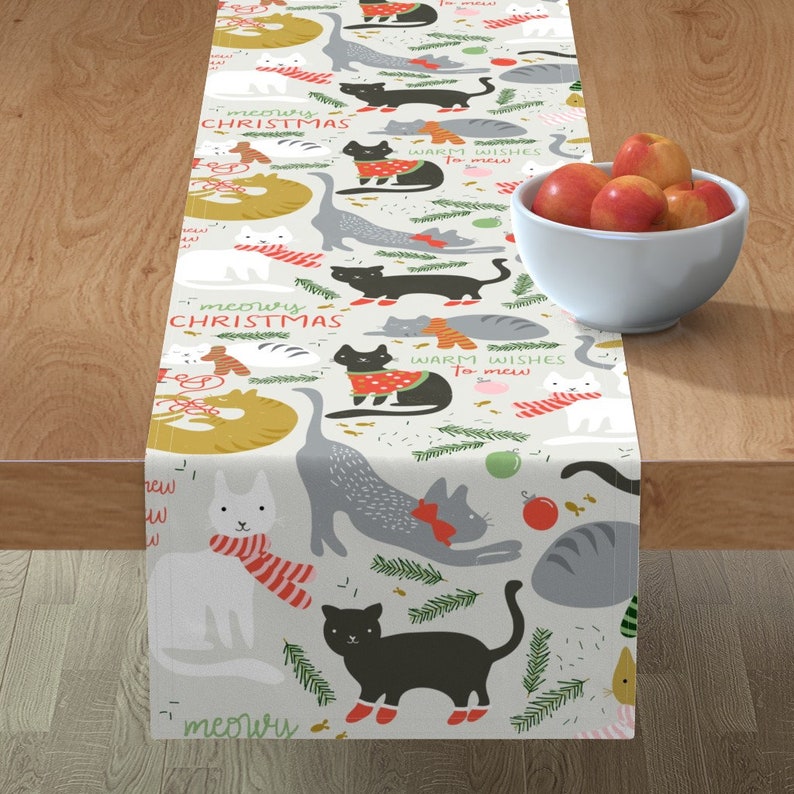 Cat Christmas Table Runner - 'Meowy Christmas' Snowflake Red Holiday Decor 13x60 Inch For Kitchen Dining Table - View #4