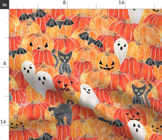 Printed Tea Towel, Linen Cotton Canvas - Orange Pumpkin Faces Autumn Gothic  Halloween Spooky Print Decorative Kitchen Towel by Spoonflower