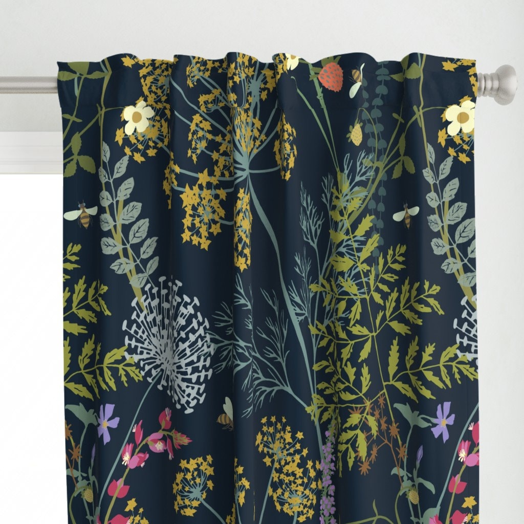 Botanical Curtain Panel - Wildflowers by chicca_besso - Grasses Honeybees Xl Scale Floral Nature Custom Curtain Panel by Spoonflower