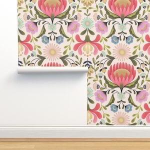 Folk Art Floral Non-Pasted Wallpaper Large Scale Floral Damask - Maximalist Folk Flowers by garabateo Wallpaper Double Roll by Spoonflower