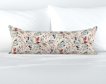 Rustic Floral XL Lumbar Pillow - Blush Roses Vintage Rose Extra Large Rectangle Lumbar Pillow - Fable Floral Blush by nouveau_bohemian -
