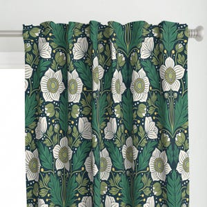 Flowers Curtain Panel - Large Japanese Anemone by alicegillustration - Green Blue Botanical Cottagecore Custom Curtain Panel by Spoonflower