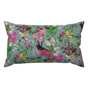 Chinoiserie Lumbar Pillow - Birds Chinoiserie Duck Egg by ceciliamok - Garden Australian Birds Painted Flowers Rectangle Accent Throw Pillow