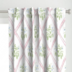 Pannello per tenda a traliccio rosa - Eloise di danika_herrick - Pannello per tenda personalizzato con pianta di pisello odoroso blu e verde di Spoonflower
