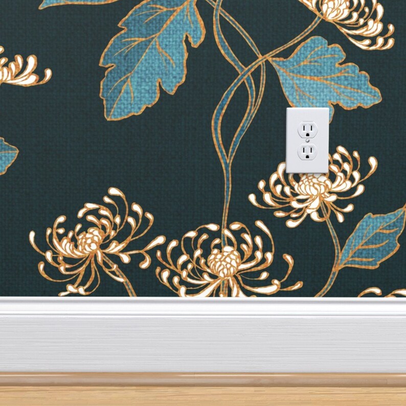 Teal Art Nouveau Wallpaper Chrysanthemum Nouveau by Etsy