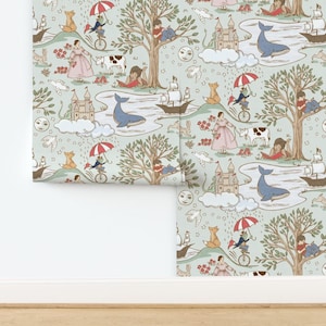 Carta da parati non incollata Whimsical - Storybook Adventures Multi di shellypenko - Carta da parati per bambini Fairytale Reading Double Roll di Spoonflower