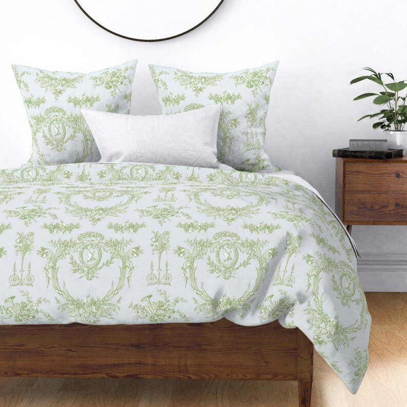 French Duvet Cover Marie Toile Basil Green On Blue by Etsy