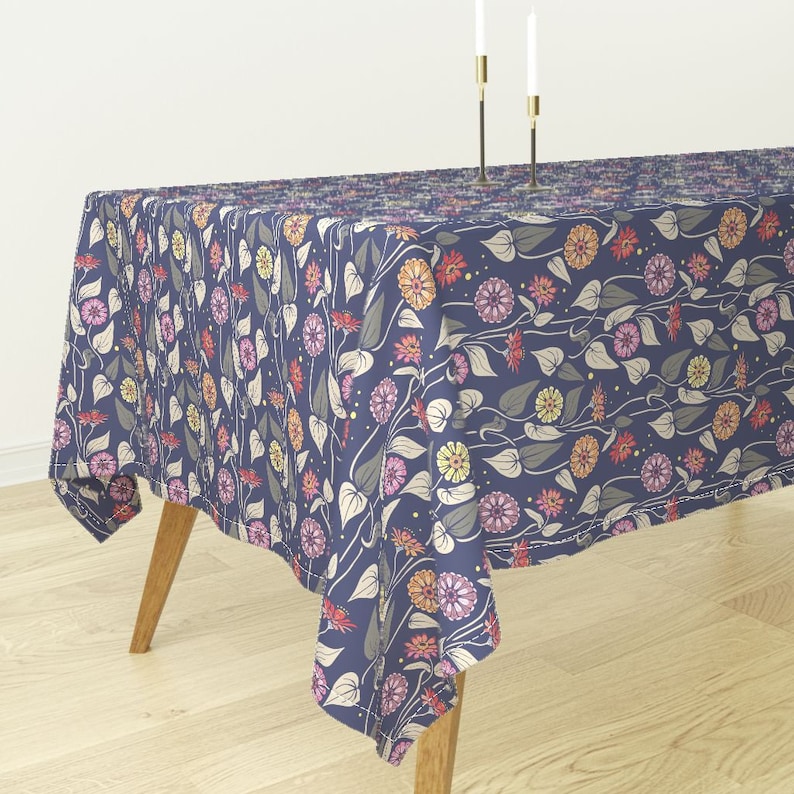Floral Tablecloth Garden Stars Firefly Pink Circles Red Cotton Sateen Tablecloth by Spoonflower Zinnias Night Garden by katie/_hayes