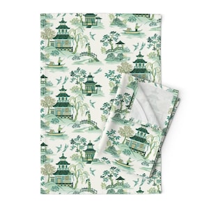 Chinoiserie Tea Towels (Set of 2) - Chinoiserie Green by barbarapixton - Chinese Asian Landscape  Linen Cotton Tea Towels by Spoonflower
