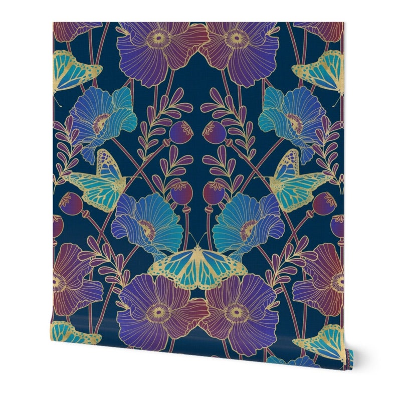 Jewel Tone Poppies Wallpaper Poppy Nouveau by cjldesigns | Etsy