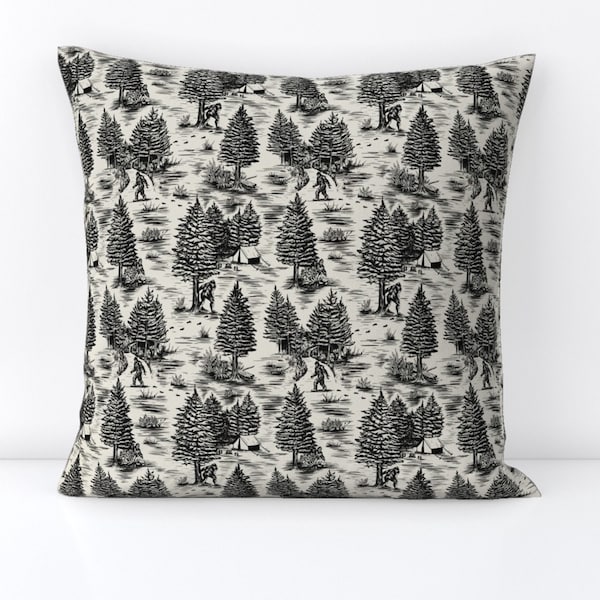 Bigfoot Throw Pillow - Sasquatch Toile Black by somecallmebeth - Cryptozoology  Cryptid  Decorative Square Throw Pillow by Spoonflower