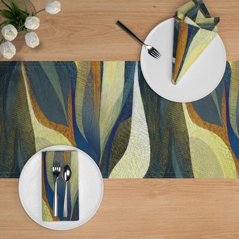 Painterly Blue Tan Brown Modernist Mod Cotton Sateen Table Runner by Spoonflower Abstract Table Runner Textured Waves by wren/_leyland