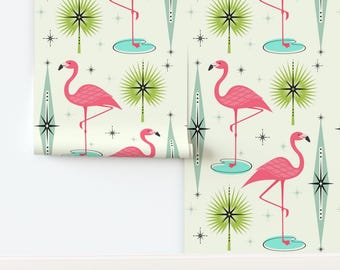 Kitsch 1950s ungeklebte Tapete Pink Flamingo - extra Große Atomic Flamingo Oasis von studioxtine Wallpaper Doppelrolle von Spoonflower