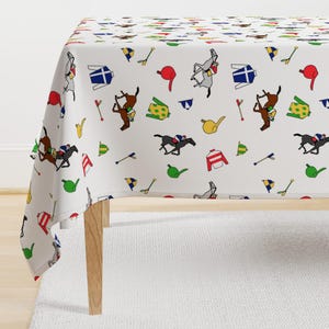 Horse Race Tablecloth - Derby Days by ragan - Equestrian Derby Horses Jockey Racing Thoroughbred Cotton Sateen Tablecloth by Spoonflower