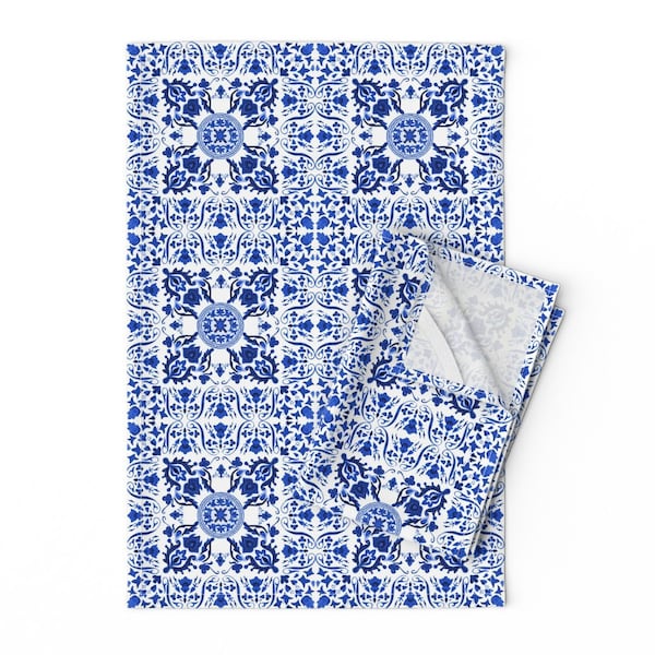 Scandinavian Tea Towels (Set of 2) - Sweet Ramona Folk Art Tile  by peacoquettedesigns - Folk Floral Linen Cotton Tea Towels by Spoonflower
