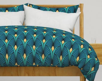 Peacock Jewels Bedding - Art Deco by emikundesigns - Bright Blue Scallops Fans Jewel Tones 1920s Cotton Sateen Duvet Cover OR Pillow Shams