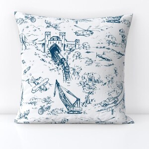 Navy Throw Pillow -  Planes  Trains Bears Dragons Dinosaurs Space Decorative Square Throw Pillow - Adventure Toile_indigo by pattern_state