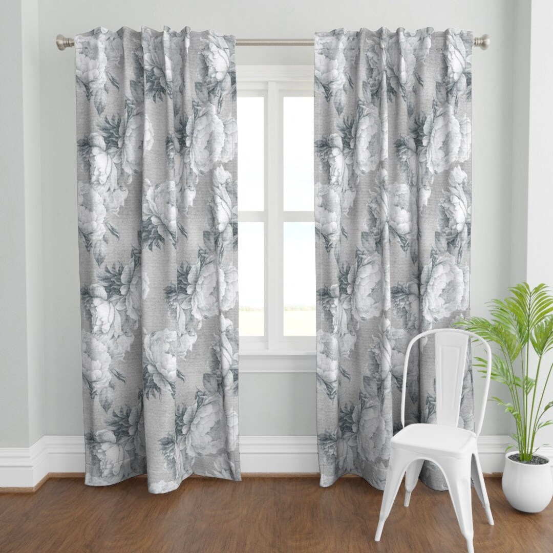 Romantic Gray Floral Curtain Panel Large Grey Peonies by Etsy