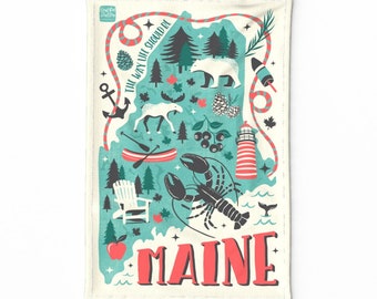 Maine Tea Towel - Maine Map by heatherdutton - New England Lobster Adirondack Chair Lighthouse Linen Cotton Canvas Tea Towel by Spoonflower