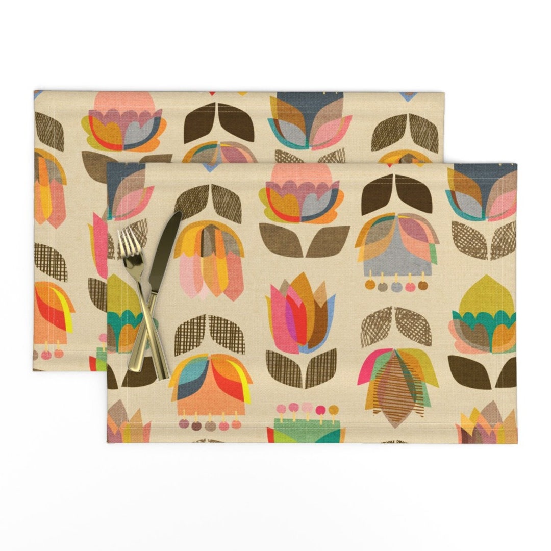 Mid Century Modern Placemats set of 2 Midcentury Flowers Kaleidoscope