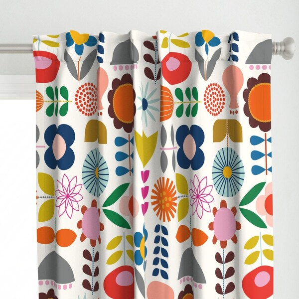 Bright Mod Floral Curtain Panel - Mod Scandi Garden by katerhees - Whimsical Flowers Kids Room Custom Curtain Panel by Spoonflower