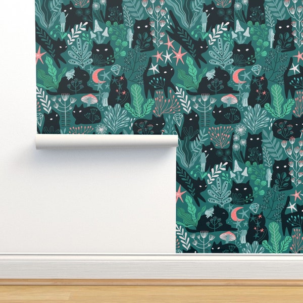 Forest Green Commercial Grade Wallpaper - Green Forest Cats by kostolom3000 - Cats Summer Spring Moon Wallpaper Double Roll by Spoonflower