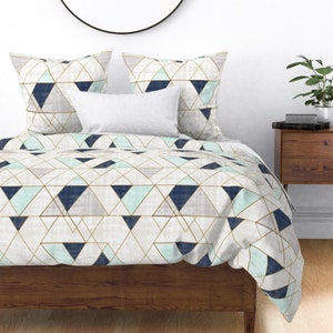 Geometric Duvet Cover Mod Triangles Navy Mint by - Etsy