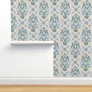 Blue Green Damask Non-Pasted Wallpaper - Calm Damask by hollykz - Faux Weathered Rococo Floral Baroque Wallpaper Double Roll by Spoonflower