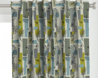 May include: A curtain panel with a mid-century modern design featuring a repeating pattern of stylized plants in shades of blue, green, and yellow on a white background.