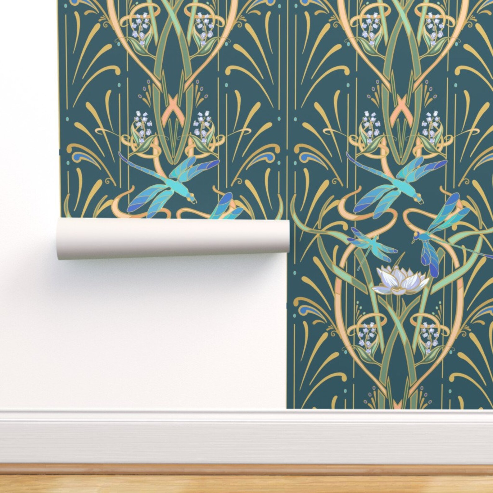 Teal Art Nouveau Wallpaper Teal Dragonflies by Southwind Etsy