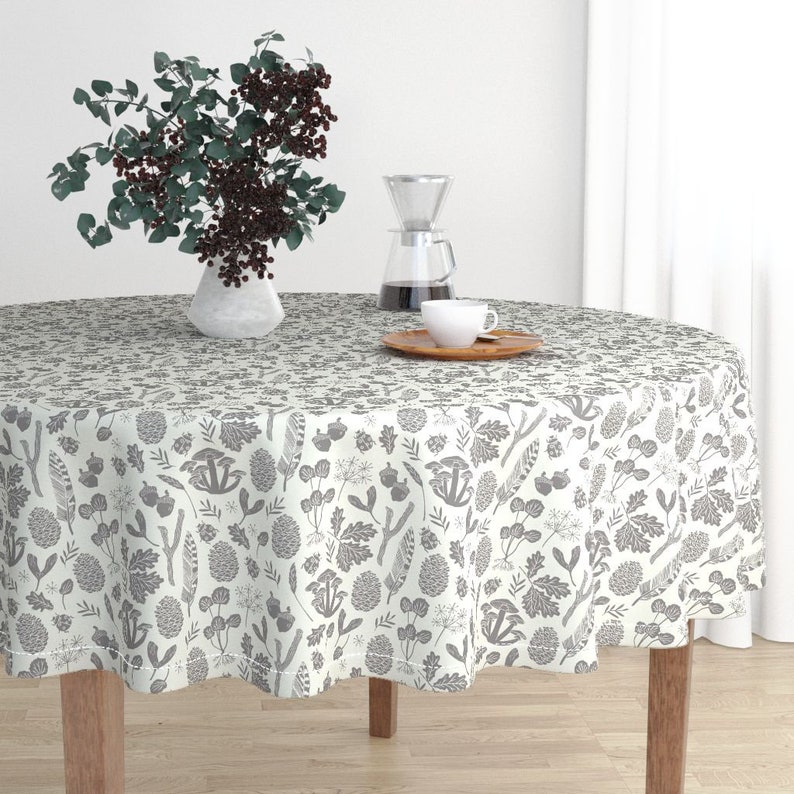 Autumn Fall Cotton Sateen Circle Tablecloth by Spoonflower Grey And Cream Leaves by andrea/_lauren Acorns And Leaves Round Tablecloth
