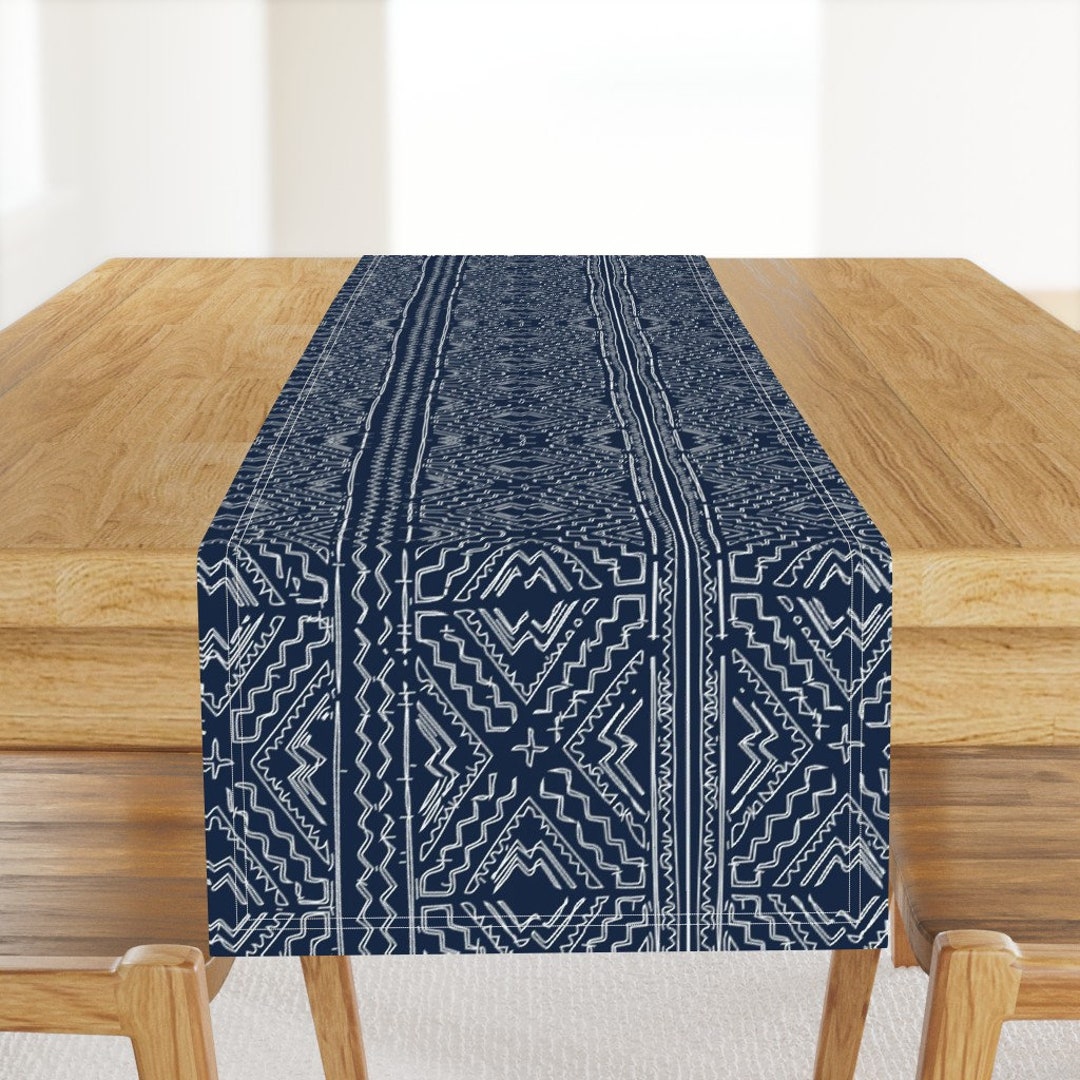 Mud Cloth Table Runner African Mud Cloth Mudcloth Tribal White on Blue