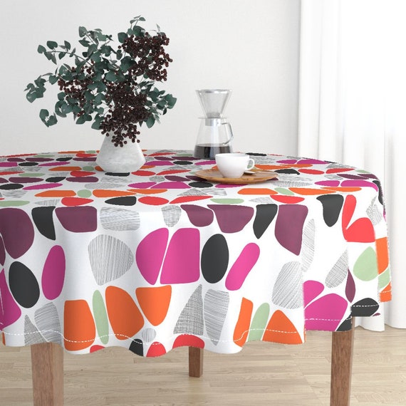 Retro Mod Tablecloth 1950 Pebbles Pink Orange Red by kate/_rowley Mid Century Modern Cotton Sateen Tablecloth by Spoonflower