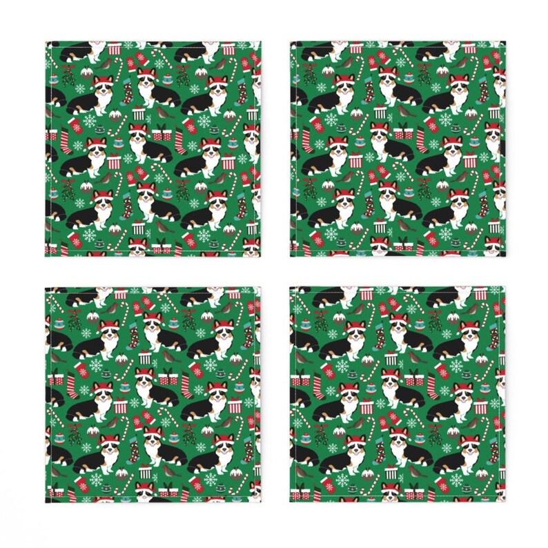 Holiday Cocktail Napkins - Corgi Christmas Candy Cane by petfriendly Set of 4 Gift For Dog Lover Corgi Cloth Napkins by Spoonflower