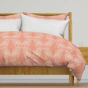 Ropa de cama con palmeras de coral - Palm Springs Palm de vivdesign - Funda de edredón o funda de almohada de satén de algodón grande con diseño costero tropical de Spoonflower