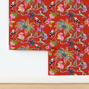 Chinoiserie Non-Pasted Wallpaper Maximalist Red Whimsical Monkey Botanical - Chinoiserie Frolic  by pattern_garden Wallpaper by Spoonflower