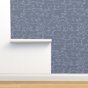 Dogs On Gray Non-Pasted Wallpaper Slate Gray Continuous Line Rescue Pet - Dog Contour by vinpauld Wallpaper Double Roll by Spoonflower