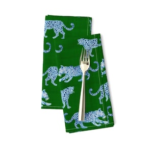 Leopard On Green Dinner Napkins (Set of 2) - Leopard Parade by danika_herrick - Blue And White Safari Animals Cloth Napkins by Spoonflower