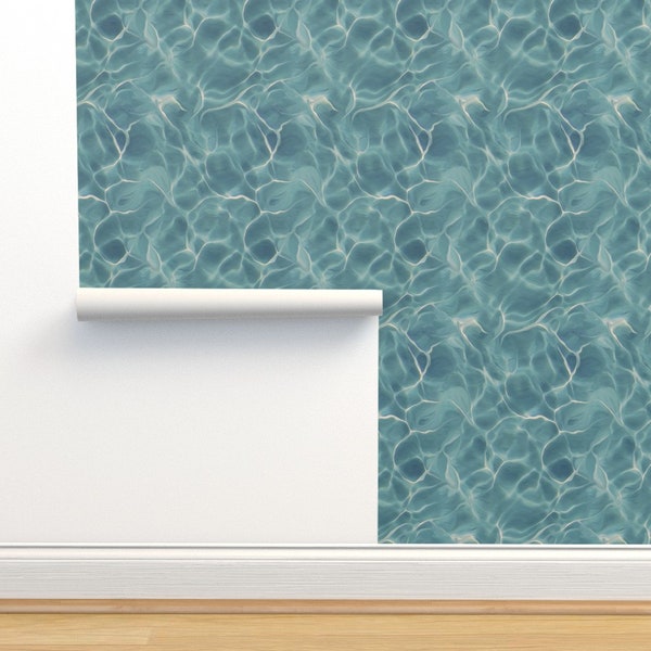 White Commercial Grade Wallpaper - Summer Pool by lauriekentdesigns -  Blue Teal Turquoise Aqua Waves Wallpaper Double Roll by Spoonflower