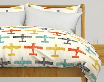 Retro Planes Bedding - Minimal Airplanes by studioxtine - Sky Flying Airplane Pilot Cotton Sateen Duvet Cover OR Pillow Shams by Spoonflower