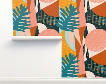 Mod Tropical Non-Pasted Wallpaper Hawaiian Geometric Leaves Minimalist  - Abstract Collage by tasiania Wallpaper Double Roll by Spoonflower