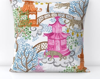 Chinoiserie Throw Pillow - Pagoda Forest by danika_herrick - Pagoda  Leopards Pink And Rust Decorative Square Throw Pillow by Spoonflower