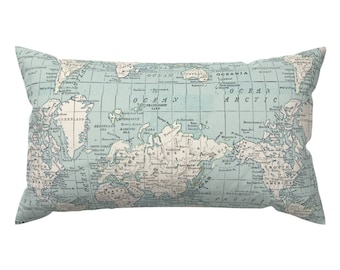 Vintage Maps Accent Pillow - Soft Blue And Cream Map by aftermyart - Blue And Cream World Map Rectangle Lumbar Throw Pillow by Spoonflower