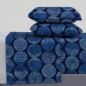 May include: A blue and white bedding set with a pattern of circles with intricate designs. The set includes a flat sheet, fitted sheet, and two pillowcases.
