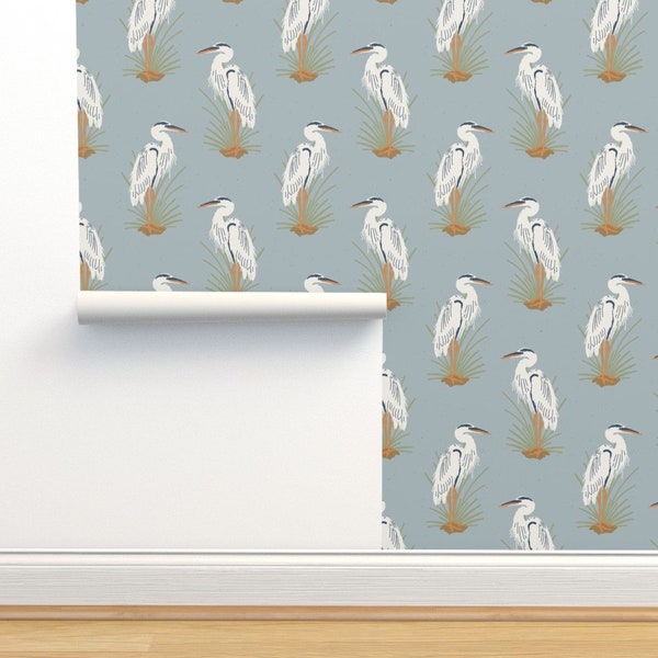 Vintage Herons Commercial Grade Wallpaper - Coastal Cranes by coastlstudio - Cranes Birds Vintage Blue Wallpaper Double Roll by Spoonflower