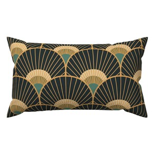 May include: Rectangular decorative pillow with a repeating fan pattern. The design features a dark navy blue background with gold, tan, and teal fan-shaped elements. The pillow is a home decor item.