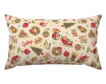 Retro Lumbar Pillow - Decals Vintage Xmas Holiday Tree Candycane Ornaments Rectangle Accent Throw Pillow - Christmas Stickers by juliamonroe