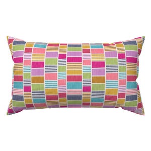 Pink Check Stripe Lumbar Pillow - Colorblock Check by shellypenko - Abstract Stripes Jewel Blocks Square Rectangle Accent Throw Pillow