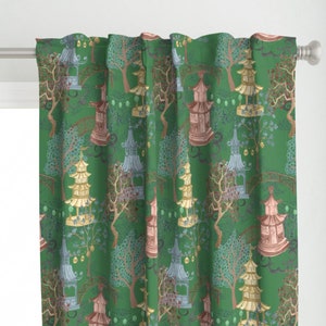 Chinoiserie Curtain Panel - Leopards In Pagoda Forest by danika_herrick - Emerald Jade Green Large Scale Custom Curtain Panel by Spoonflower