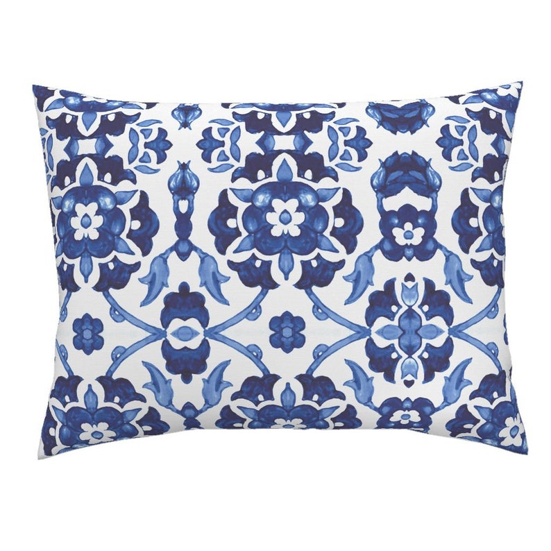 Floral Pillow Sham Indigo Blue Blue And White White Cotton Sateen Pillow Sham Bedding by Spoonflower Garland Of Flowers by chicca/_besso